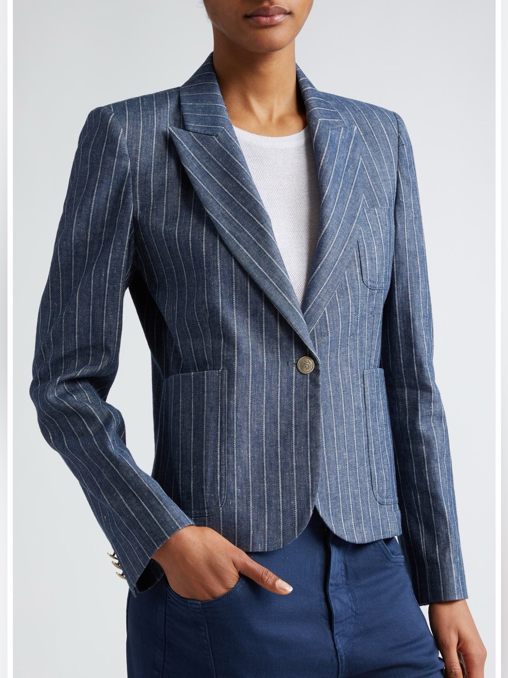 Eleventy Women’s Navy Striped Pinstripe Cropped Blazer Linen Cotton Tailored